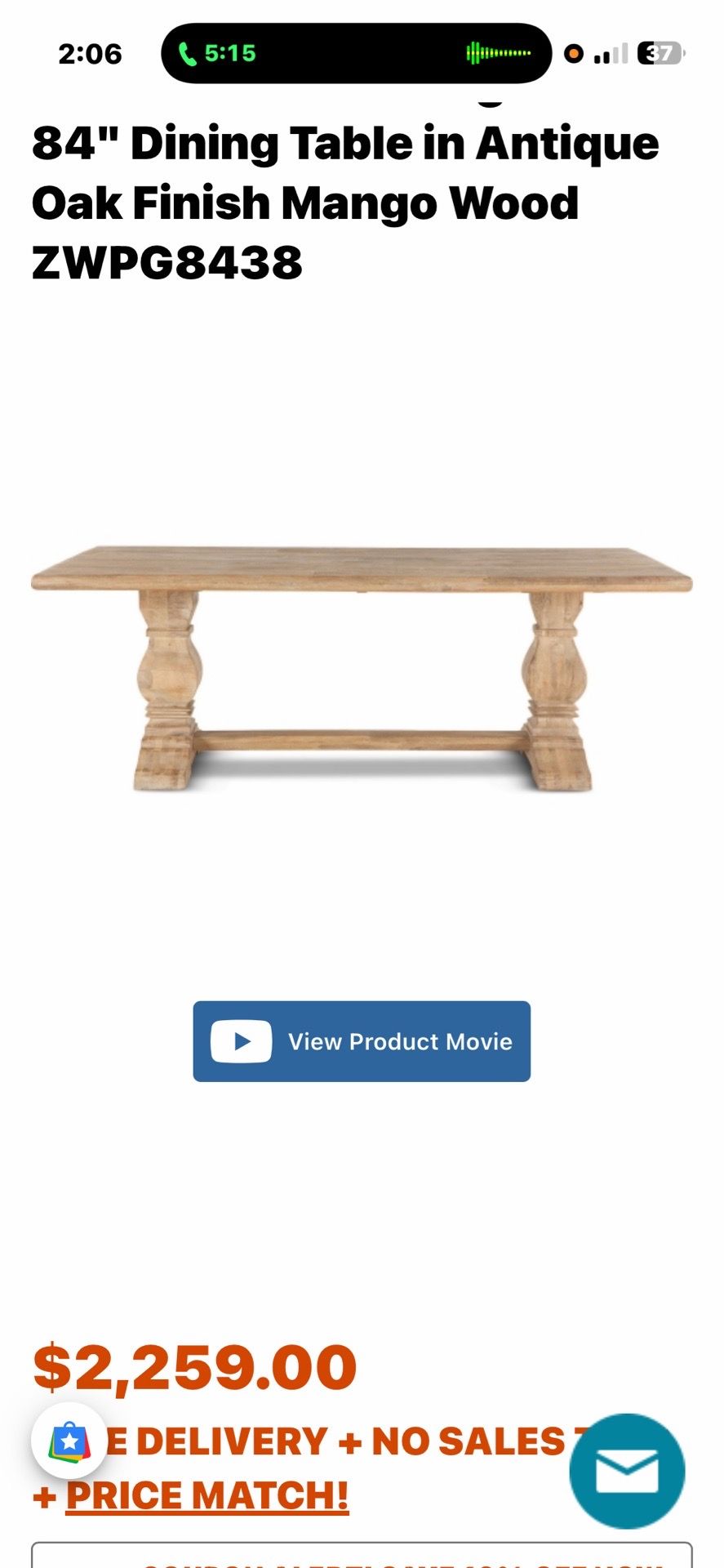 84" Dining Table in Antique Oak Finish Mango Wood ZWPG8438