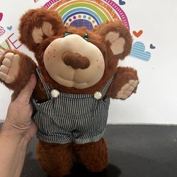 CABBAGE PATCH  FURSKIN TEDDY / BUBBA THE BEAR WITH STRIPED OVERALLS - 14 INCH