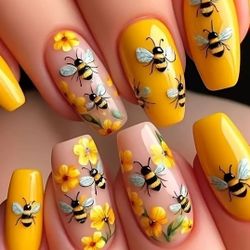 24 pcs. Long 3D Bee & Flower Design Press-On Nails