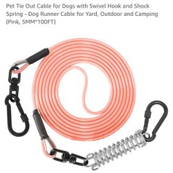 Pet Tie Out Cable for Dogs with Swivel Hook and Shock Spring - Dog Runner Cable for Yard, Outdoor and Camping (Pink, 5MM*100FT)