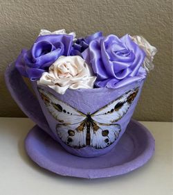 HOME DECOR/GIFT: Hand-Made Lavender Teacup with Lavender and Cream Ribbon Roses.
