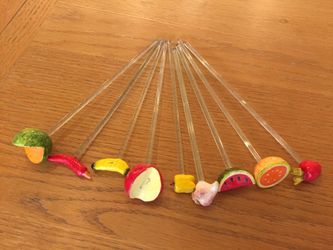 Cocktail Stirrers - Fruits & Veggies, From Mexico, Adorable Glass Handle & Paper Machete 