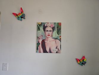 Frida Kahlo Canvas Wall Art With Ceramic Hand Painted Butterflies