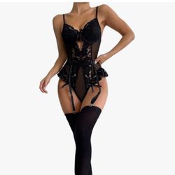 Lingerie Set For Women Bodysuit With Garter Belts Backless Spaghetti Strap One-Piece Lace See Through Lingerie Sets