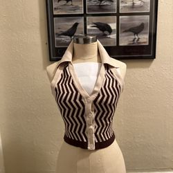 Chevron knit button up halter brown n beige (s)