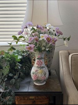 Vintage Porcelain Floral Vase w/ Faux Arrangement – Ornate – Gold Handles