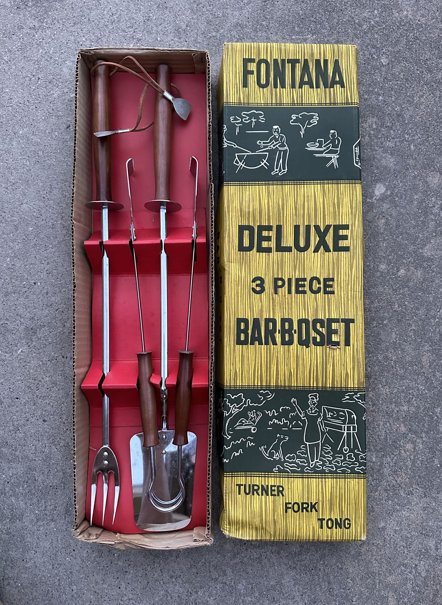 Vtg 1950s MCM Androck Chrome Plate USA 2 pc Wooden Handle BBQ Grill Set—Fork & Basting Brush