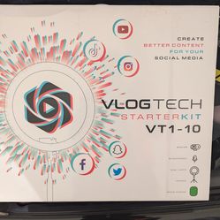 Vlog starter kit includes: webcam, microphone, ring light, tripod, and green screen!