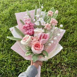 Crocheted pink white roses Hyacinthus jasmine bouquet
