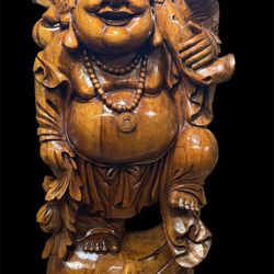 Hand Carved Suar Wood Laughing Buddha Statue 31 Inch Tall