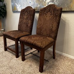 TWO Brown Fabric Dining Chairs With Nailhead Pin Design And Metal Industrial Base