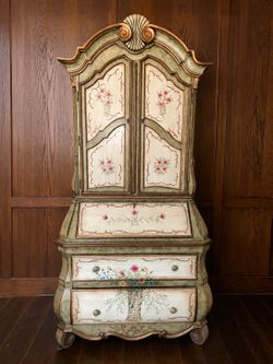 Hand-Painted Bombe Secretary Desk with Hutch