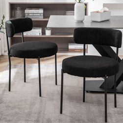 2 x Black Boucle Dining Chairs , Upholstered Dining Room Chairs with Black Metal Legs, Round Modern Dining Chair for Dining Room, Kitchen