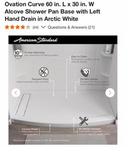 Ovation Curve 60 in. L x 30 in. W Alcove Shower Pan Base with Left Hand Drain in Arctic White