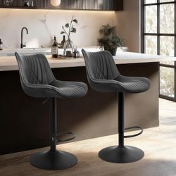 Bar Stools Set of 2, Adjustable Counter Height Bar Stools with Open Back and Footrest, Premium Faux PU Leather, Modern Upholstered Swivel Barstool for