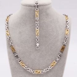 Stainless Steel Interlace With Gold And Silver Necklace And Bracelet Jewelry Set