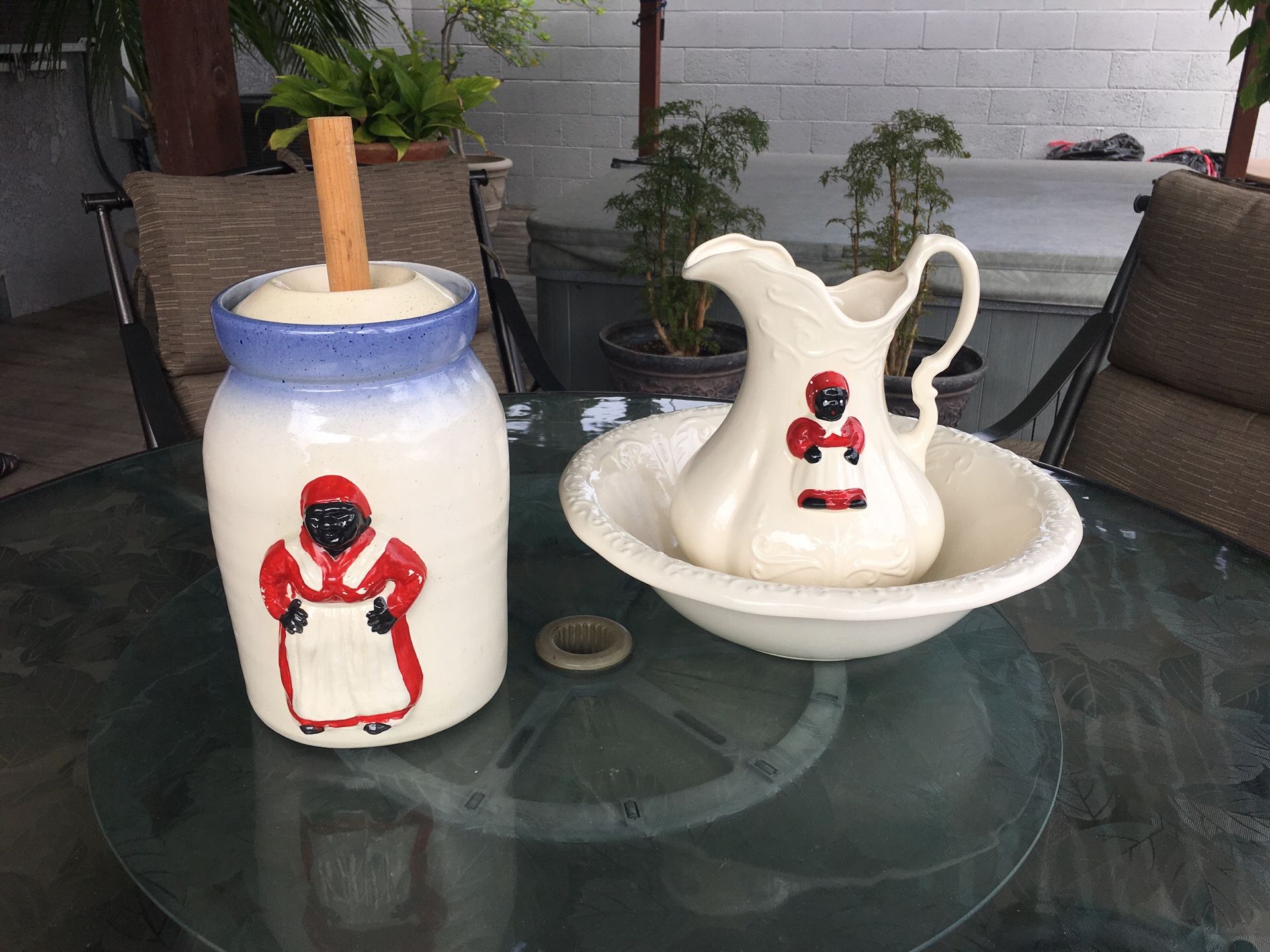 Replica Aunt Jemima butter churn and water pitcher and bowl