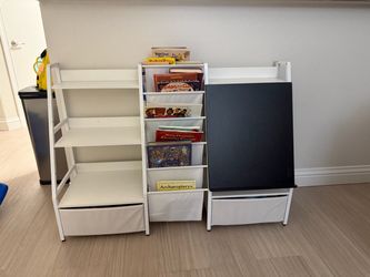 Children white book shelf/ shelfs and chalkboard with 2 drawers