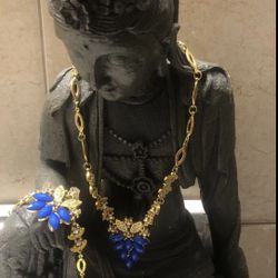 4pcs Exotic Royal Blue Flowers Design Gold Plated Jewelry Set