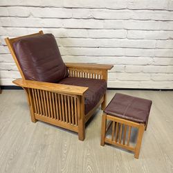 Mission Style Maroon Leather Chair & Stool