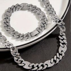  2 Pcs Men Women FULLY ICED Silver Cuban Link Chain 14K Gold Plated Cubic Zirconia Necklace & Bracelet