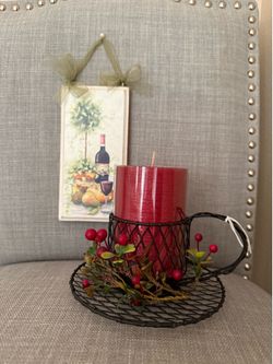 Home deco wine panel 3.5"x7" black wire tea cup w/candle 5"x6.5" all brand new