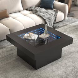 31”Black Coffee Table - Endless Depth Morden Square Coffee Table with LED Lights, Mirror Coffee Tables for Living Room, Tempered Glass-Top Center Tabl