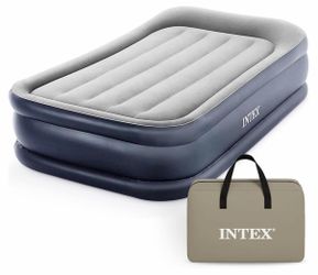 NEW Intex 64131ED Dura-Beam Plus Deluxe Pillow Rest Air Mattress: Fiber-Tech – Twin Size – Built-in Electric Pump – 16.5in Bed Height – 300lb Weight C