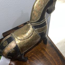 Vintage Carved Wood And Brass Horse 