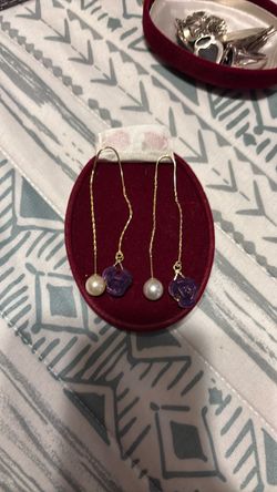 Earrings with Pearl and Purple Rose