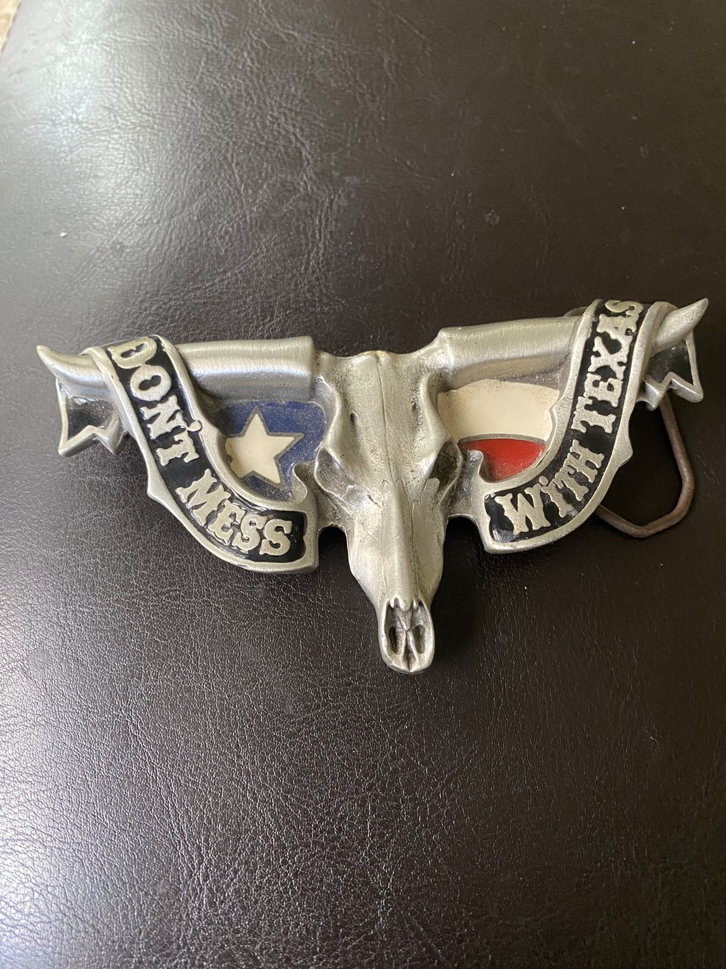 Don’t Mess With Texas Belt Buckle Bull Horn Flag Skull-Solid Pewter