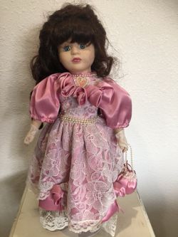 Vintage Porcelain Doll With Authentic Pink Lace Dress