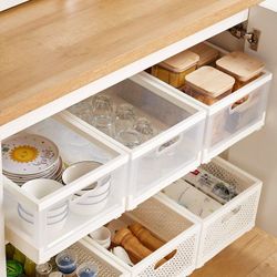 Pack Of 2 Hollowed Out Pull Out Cabinet Drawer  - Adhesive 15.4" L x 11" W x 6.9" H Slide Out Organizer Sliding Drawers Shelf Storage  Kitchen Pantry