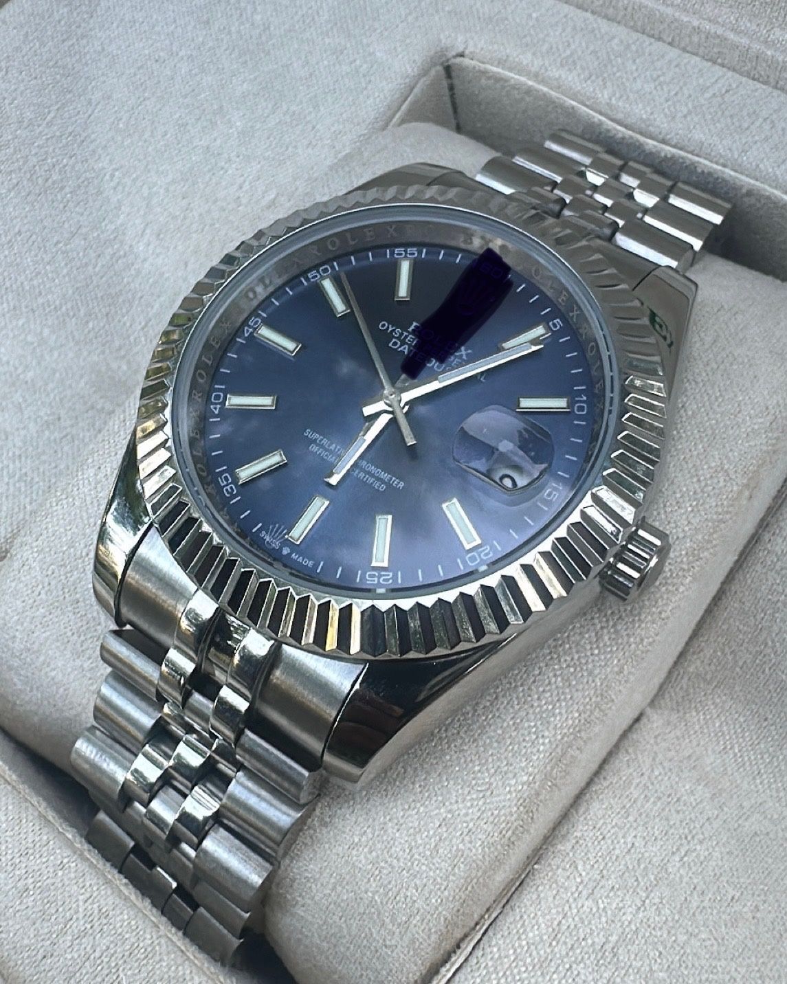 41mm Blue Stick-Dial Dress Watch Fluted Bezel, Swiss Movement