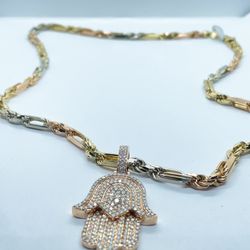 14k solid Gold fígaro Rope three tone chain and HAMSAH pendant with 7.3 ct vs diamond 💎