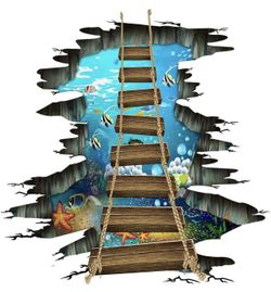 3D Floor Stickers,Underwater Sea World Starfish Colorful Fishes Removable Love Ocean Cute Wooden Suspension Bridge PVC Art Wall Decal