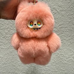 Rabbit Fur Handmade Labubu Plush Doll Keychain Bag Pendant  large pink