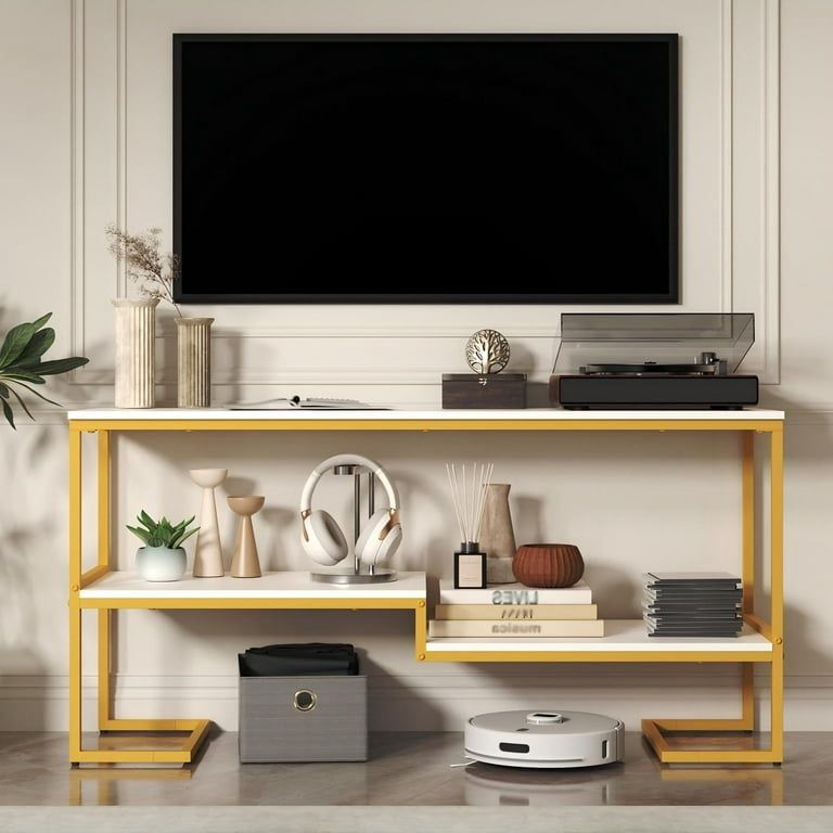 New TV Stand for TV up to 60 Inch, TV Console Table with Open Storage Shelves, Industrial Media Entertainment Center for Living Room, Bedroom, White a