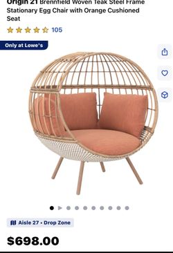 Brennfield Woven Teak Steel Frame Stationary Egg Chair with Orange Cushioned Seat