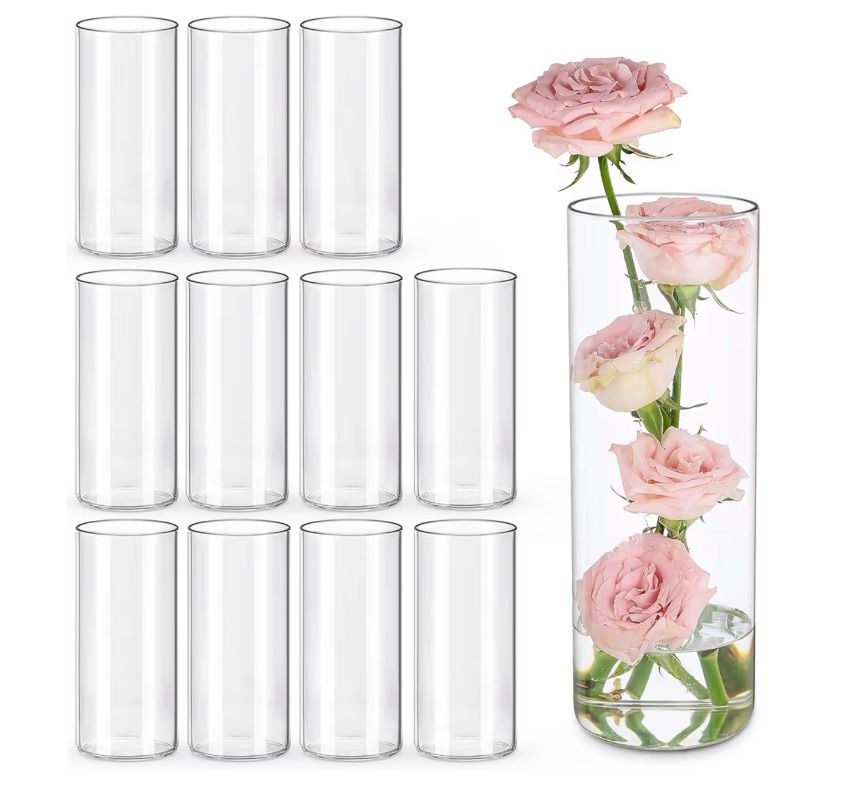 (5555-6) 12pcs Glass Cylinder Vases for Centerpieces | 8 Inch Clear Flower Vase for Wedding Decorations, Floating Candle vases for Dinner Table, Brida