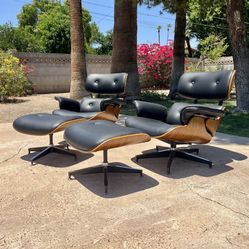 Mid Century Eames Style Lounge Chair in Real Leather and Walnut