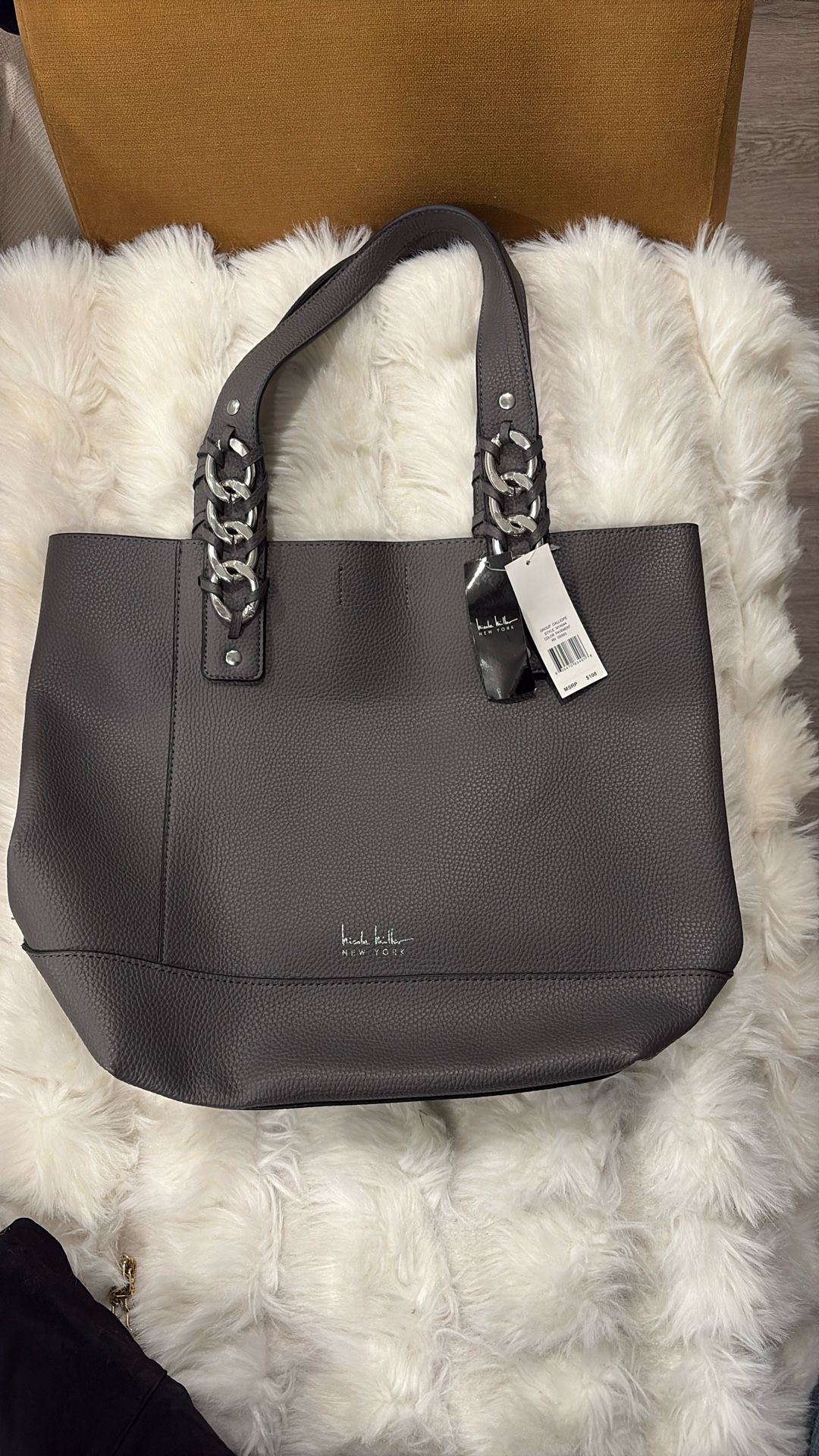 New Grey Nicole Miller, New York Tote Bag With Chain Strap.