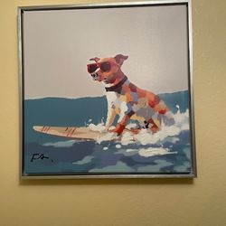 Surfing Dog Wall Painting Oil On Canvas 18”x18” Aluminum Frame