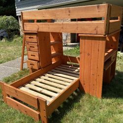 Wood Bunk Bed W/ Desk And Drawers