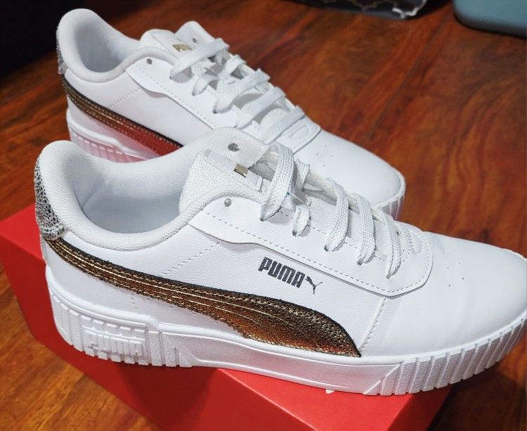 Puma Women's Carina 2.0 White, Metallic Gold Sides & Silver Back ♡ Size: 8.5