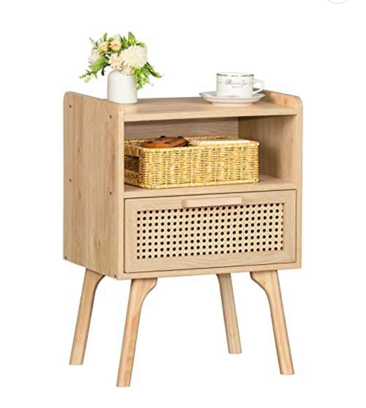 Lerliuo Rattan Nightstand, Boho Side Table with Drawer Open Shelf, Cane Accent Bedside End Table with Solid Wood Legs for Bedroom, Dorm and Small Spa