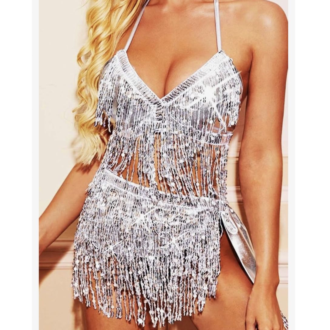 Silver sequin rave/festival 3-piece set