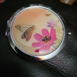 Silver Tone Floral Butterfly Twin Compact