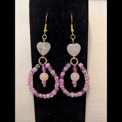 Handmade Beaded Teardrop Dangle Earrings with Rose Quartz Hearts