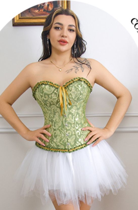4X Green Floral Women's Lace Up Boned Overbust Corset Bustier Lingerie Bodyshaper Top